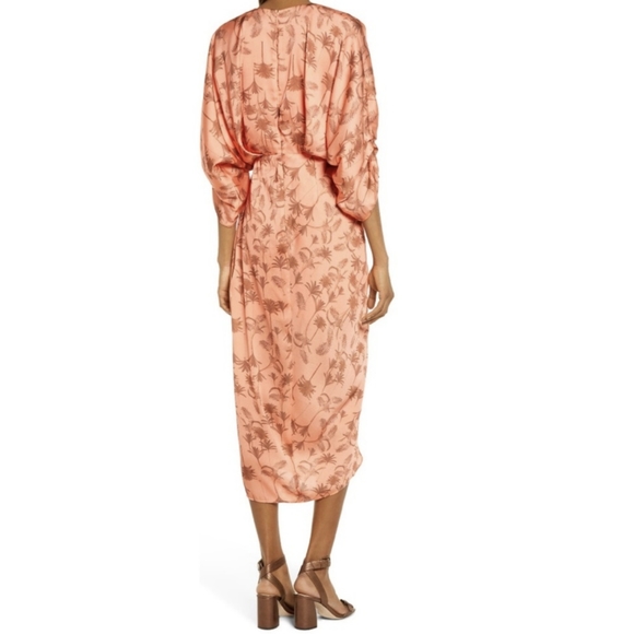 Significant Other Tropical Print Sunset Satin Midi Dress Draped Plunging - Picture 6 of 14